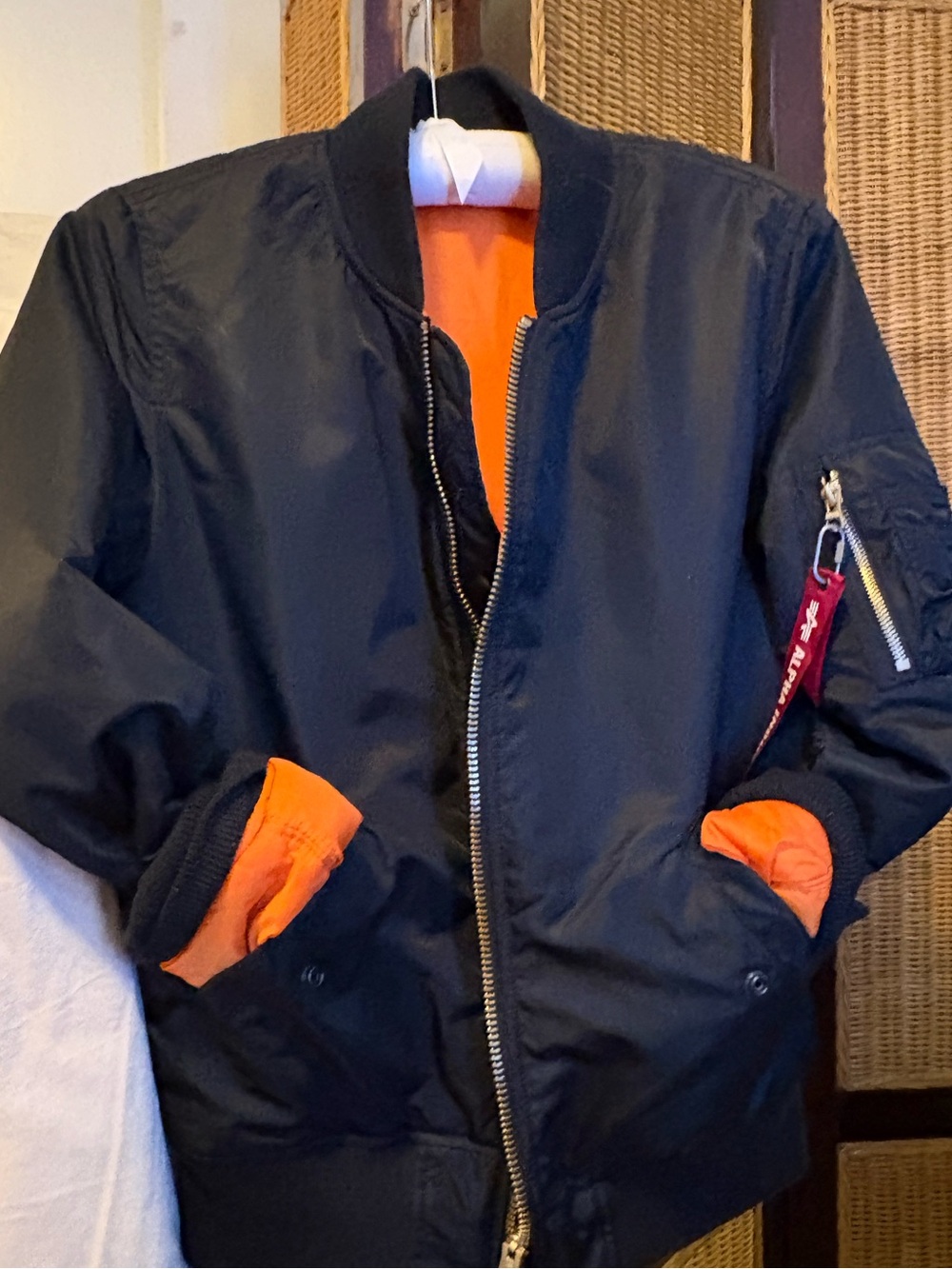 Alpha Industries Men’s Small Reversible MA-1 Bomber Jacket Black Orange